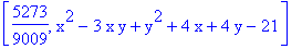 [5273/9009, x^2-3*x*y+y^2+4*x+4*y-21]